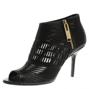 Pre Owned Burberry Black Cutout Leather Baynton Peep Toe Ankle Boots Size 39