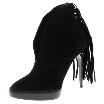 Pre Owned Burberry Prorsum Black Fringed Suede Nadie Ankle Boots Size 39