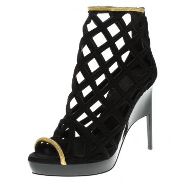 Pre Owned Burberry Prorsum Black Suede and Gold Edenside Cage Wedge Ankle Boots Size 39