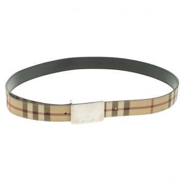 Pre Owned Burberry Beige House Check PVC Logo Plaque Belt 100 CM