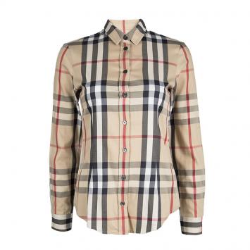 Pre Owned Burberry Brit Beige Novacheck Long Sleeve Buttondown Cotton Shirt XS