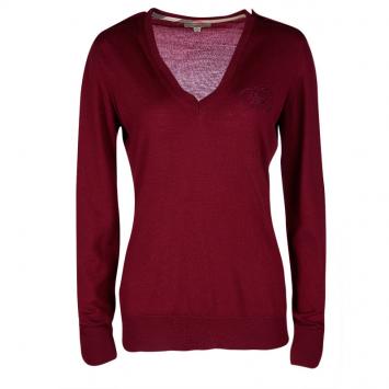 Pre Owned Burberry London Maroon Merino Wool V-Neck Sweater M
