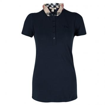Pre Owned Burberry Brit Navy Blue Honeycomb Knit Novacheck Collar Detail Polo T-Shirt S