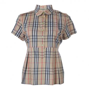 Pre Owned Burberry Beige Nova Check Print Box Pleat Detail Short Sleeve Shirt M