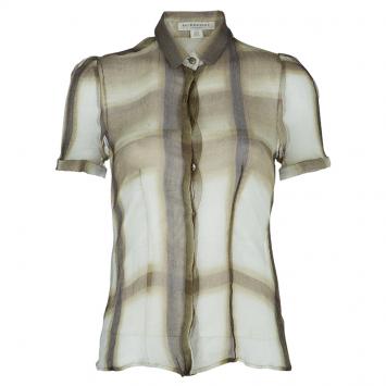 Pre Owned Burberry Brown Checked Crinkled Silk Short Sleeve Sheer Blouse S