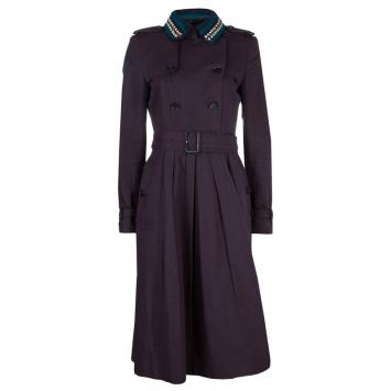 Pre Owned Burberry Prorsum Purple Contrast Beaded Crochet Collar Detail Belted Trench Coat S