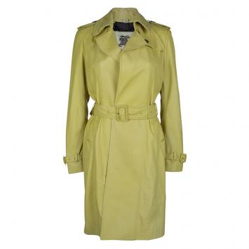 Pre Owned Burberry London Pastel Yellow Leather Belted Trench Coat S