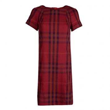 Pre Owned Burberry Red Checked Short Sleeve Wool Dress S