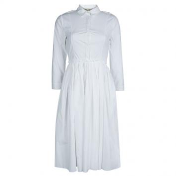 Pre Owned Burberry White Cotton Gathered Long Sleeve Shirt Dress S