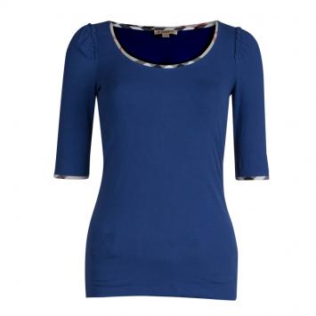 Pre Owned Burberry Brit Blue Jersey Novacheck Trim Detail Top S