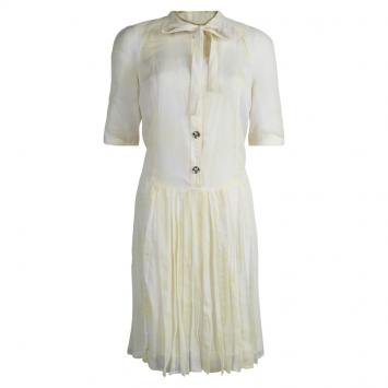 Pre Owned Burberry Yellow Silk Chiffon Neck Tie Detail Dress S