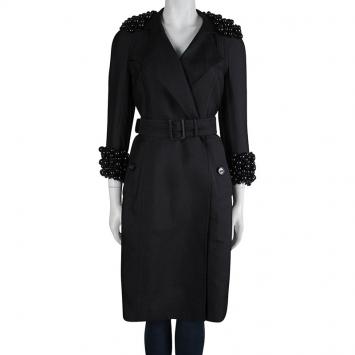 Pre Owned Burberry Black Bead Embellished Belted Trench Coat S
