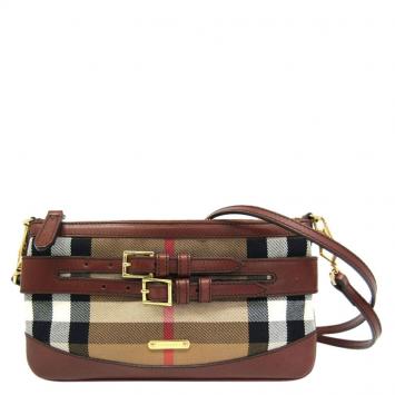 Pre Owned Burberry Brown House Check Canvas/Leather Crossbody Bag