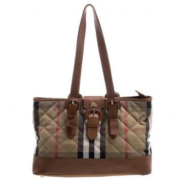 Pre Owned Burberry Brown Quilted House Check Fabric Tote