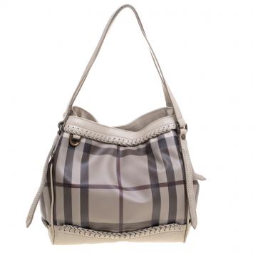Pre Owned Burberry Dark Beige Smoked Check PVC and Leather Braided Trim Tote