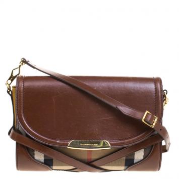 Pre Owned Burberry Brown/Yellow Nova Check Fabric and Leather Abbott Crossbody Bag