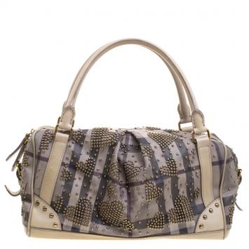 Pre Owned Burberry Beige Smoke Check PVC Heart Studded Satchel