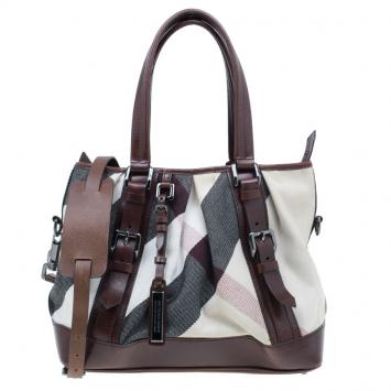 Pre Owned Burberry Brown Mega Check Canvas and Leather Lowry Tote