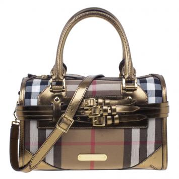 Pre Owned Burberry Gold Leather Trim Canvas House Check Bowling Bag