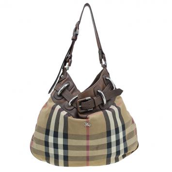 Pre Owned Burberry Brown Fabric /Leather Briddle House Check Beaton Hobo Bag