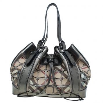 Pre Owned Burberry Metallic Silver Nova Check Leather Warrior Armor Hobo
