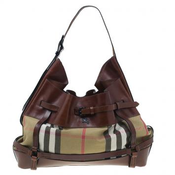Pre Owned Burberry Brown Leather Bridle House Check Hobo
