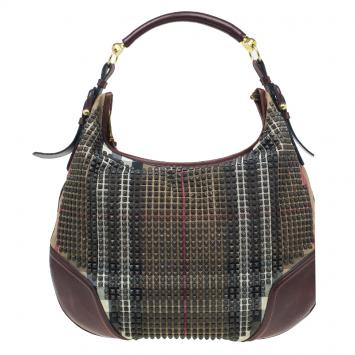 Pre Owned Burberry Brown Nova Check Canvas and Leather Studded Hoxton Hobo