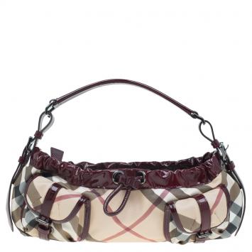 Pre Owned Burberry Burgundy Nova Check Patent Leather Sling Bag