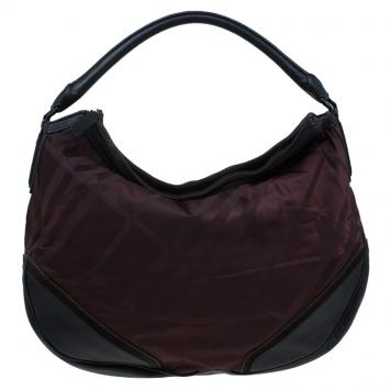 Pre Owned Burberry Burgundy Tonal Check Nylon Medium Maskell Hobo