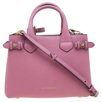 Pre Owned Burberry Pink House Check Leather Small Banner Top Handle Bag