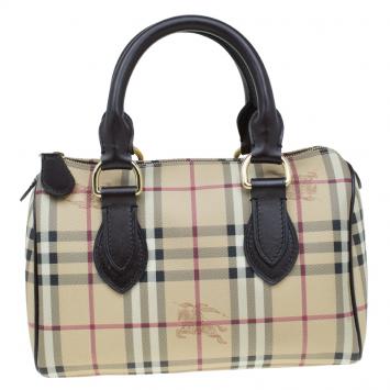 Pre Owned Burberry Beige Classic Check Coated Canvas Boston Bag
