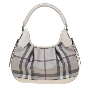 Pre Owned Burberry Grey Nova Check Coated Canvas Small Brooklyn Hobo