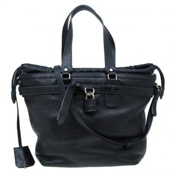 Pre Owned Burberry Black Pebbled Leather Drawstring Tote