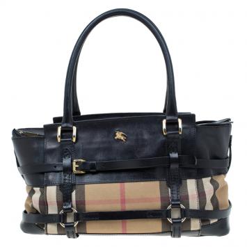 Pre Owned Burberry Black Leather Bridle House Check Canvas Satchel