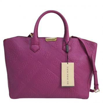 Pre Owned Burberry Purple Embossed Check Grain Leather Dewsbury Tote