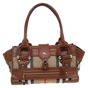 Pre Owned Burberry Brown Quilted Fabric Leather House Check Manor Satchel