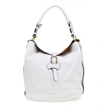 Pre Owned Burberry White Leather Buckle Detail Hobo