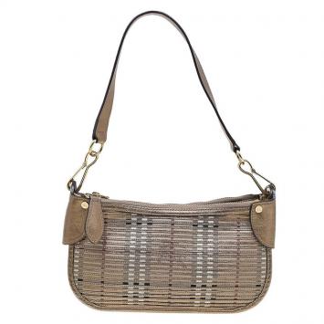 Pre Owned Burberry Bronze Leather Claasic Check Stripes Shoulder Bag