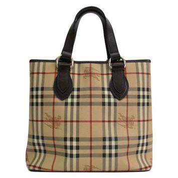 Pre Owned Burberry Leather Trimmed Haymarket Check Tote