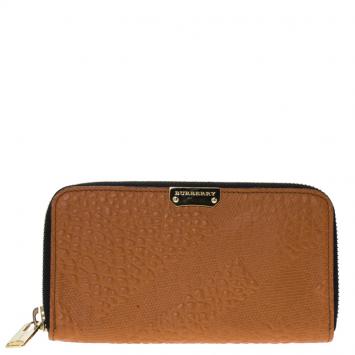 Pre Owned Burberry Copper Orange Leather Elmore Zip Around Wallet