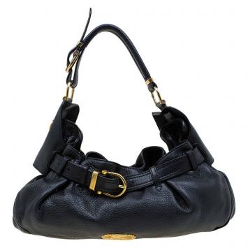 Pre Owned Burberry Black Leather Logo Hobo