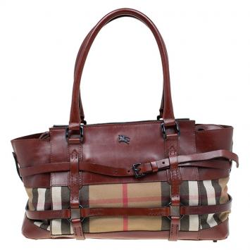 Pre Owned Burberry Brown Leather Bridle House Check Canvas Satchel