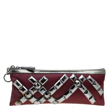 Pre Owned Burberry Burgundy Satin Embellished Clutch