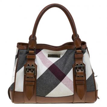 Pre Owned Burberry Brown Canvas and Leather Mega Check Tote