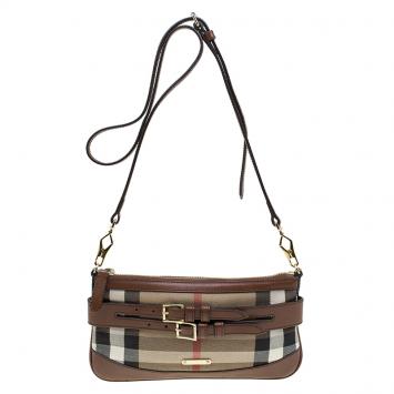 Pre Owned Burberry Brown House Check Canvas and Leather Peyton Crossbody Bag