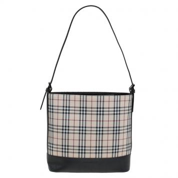 Pre Owned Burberry Beige/Black Haymarket Check Canvas Shoulder Bag