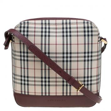 Pre Owned Burberry Burgundy Haymarket Check Canvas Crossbody Bag