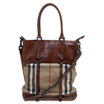 Pre Owned Burberry Brown House Check Fabric and Leather Large Tote