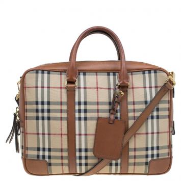 Pre Owned Burberry Beige/Brown Newburgh Canvas and Leather Horseferry Briefcase