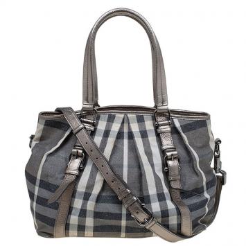 Pre Owned Burberry Metallic Grey Beat Check Canvas Medium Lowry Tote